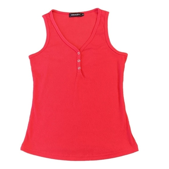 MEROKEETY Red V-Neck Tank Top Sleeveless Ribbed Henley S #179P - Picture 1 of 8